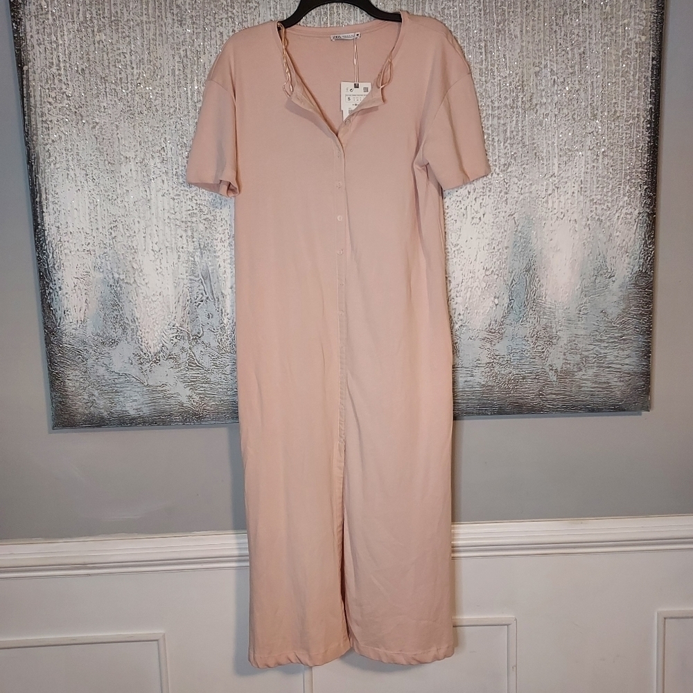 ZARA Light Pink Short Sleeve Long Button Casual Dress Sz-S - Picture 9 of 9